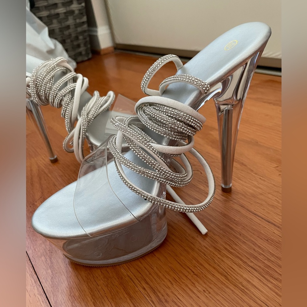Silver Rhinestone Decor Clear Strap Platform Stil… - image 3